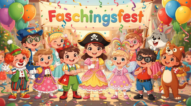 Children in carnival costumes celebrating faschingsfest with banner