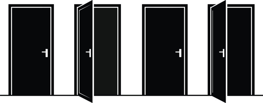 Open and closed door vector icon set featuring black room doorways handles handles representing choice opportunities
