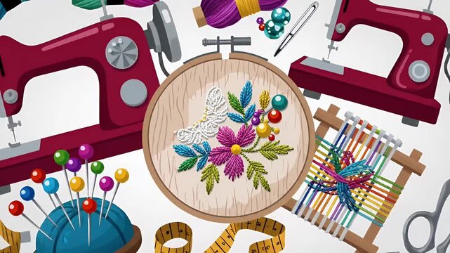 Sewing and embroidery supplies, sewing machines, thread, needles, scissors, fabric, and measuring tape, crafting supplies, hobby elements