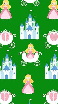 Cute pixel art seamless pattern with princesses in carriages near castles on green background, fairytale animation