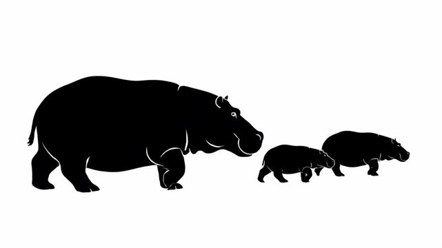 Family of hippos walking, adult and two young, silhouette animation on white background