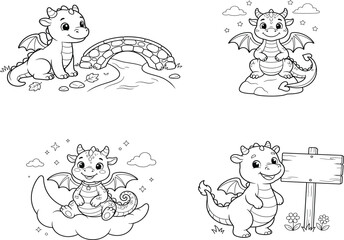 Naklejka premium A collection of cute baby dragon illustrations in a black and white line art style perfect for children coloring books