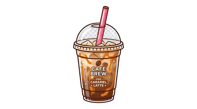 Disposable plastic cup of iced coffee with a pink straw and coffee beans illustration cold brew fast food white background beverage caffeine refreshment