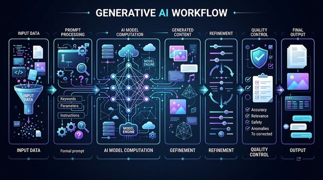 Generative AI workflow diagram showing steps from input data to final output