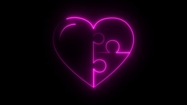 Heart-shaped puzzle piece fitting perfectly into another half, representing soulmates, black background, complementary partners, unity motion graphic concept..