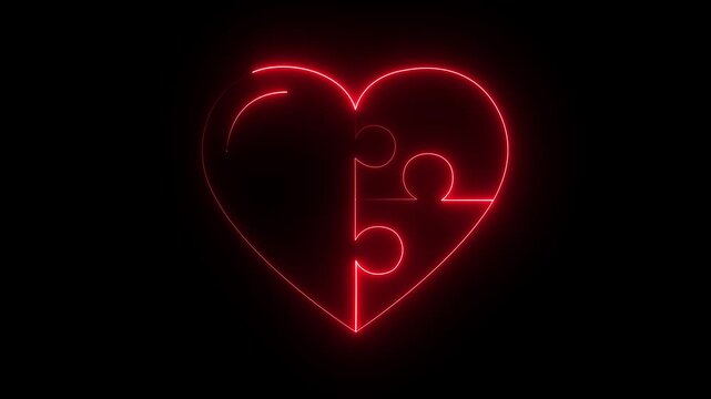 Heart-shaped puzzle piece fitting perfectly into another half, representing soulmates, black background, complementary partners, unity motion graphic concept..