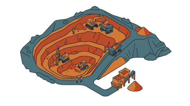 Isometric illustration of open pit mining operation with trucks.