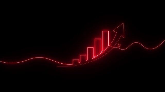 Growth arrow and bar chart continuous one line art s Growth Chart Vector Icon - Financial Progress and Success Graph, motion graphic neon One Line Art..