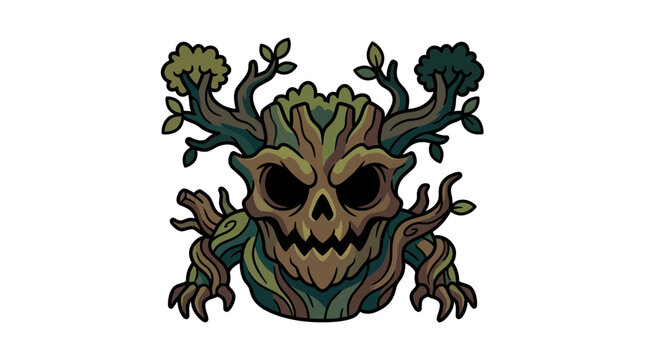Spooky tree monster with skull face and gnarled branches.