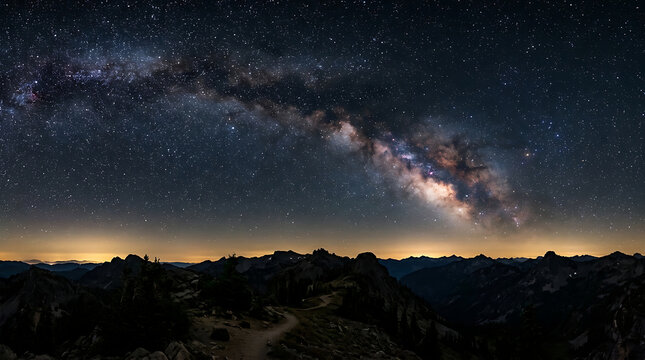 Panoramic view of the Milky Way galaxy arching over a dark mountain landscape