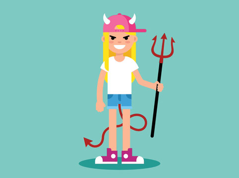 Girl Character in She-Devil Costume with Pitchfork and Tail Vector Illustration