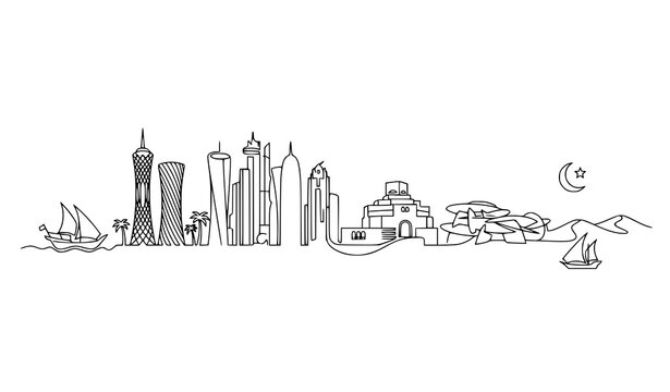 Minimal Doha Qatar Skyline One Line Art Editable Vector