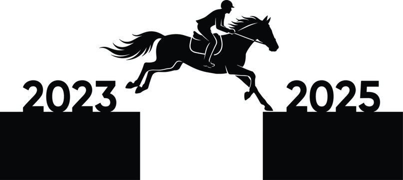 Jockey riding horse silhouette jumping over gap from year twenty twenty three to twenty twenty five vector concept