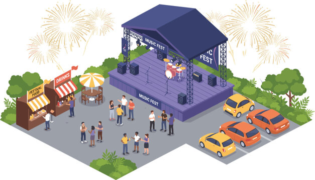 Isometric outdoor music festival stage concert setup with food stalls cars crowd people fireworks vector illustration graphic
