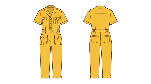 Women Short Sleeve Utility Jumpsuit Technical Drawing Boiler Suit with Belt and Pockets Front and Back View