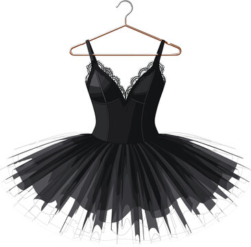 Elegant black ballet tutu dress with lace neckline details hanging gracefully on a wooden hanger vector illustration