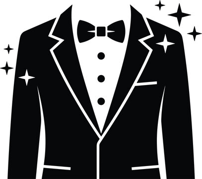Elegant black tuxedo vector icon with bow tie sparkling stars for luxury mens fashion suit logo design