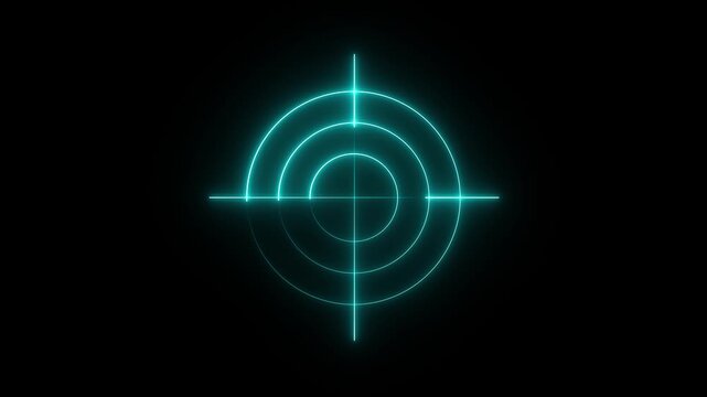 Glowing neon target icon animation motion graphic army, military, target sharp navigation, compass, scope light point..