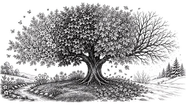 A Beautiful Contrast of Seasons Depicting a Tree in Bloom and Winter's Bare Branches Surrounded by Nature's Elements