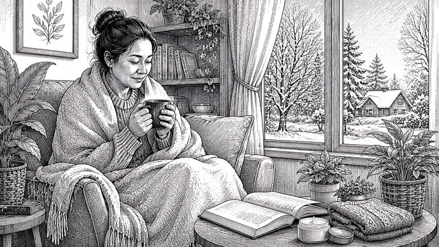 Cozy Winter Home Scene with Woman Reading a Book and Enjoying a Warm Drink in a Snowy Landscape