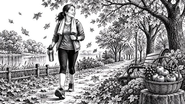 Young woman jogging along a scenic path surrounded by trees and vibrant autumn leaves, enjoying an active lifestyle outdoors