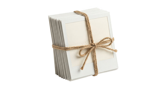 Stack of white paper cards tied with a rustic brown twine bow isolated on transparent background