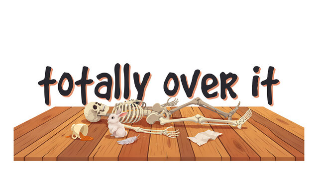 A skeleton lying on a wooden floor with a rabbit, isolated on white background. Humorous conceptual art for themes of boredom, burnout, or procrastination.