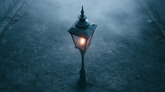 Top down view of antique street lamp glowing in thick white mist.