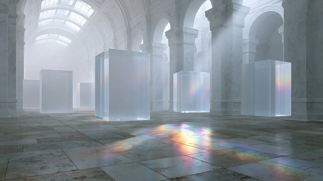 Transparent cube objects in a grand hall with arches and light beams creating a futuristic or abstract scene.