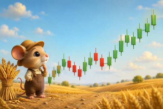 Cute chibi field mouse watching wheat futures price movement