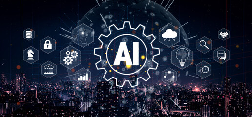 Fototapeta premium Futuristic Urban Landscape with AI Concept, Technology Integration, Data Visualization, and Innovation Elements at Night Quark.