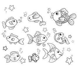 Fototapeta premium Cute underwater coloring page for kids with various cartoon fish and sea stars, black and white vector illustration.