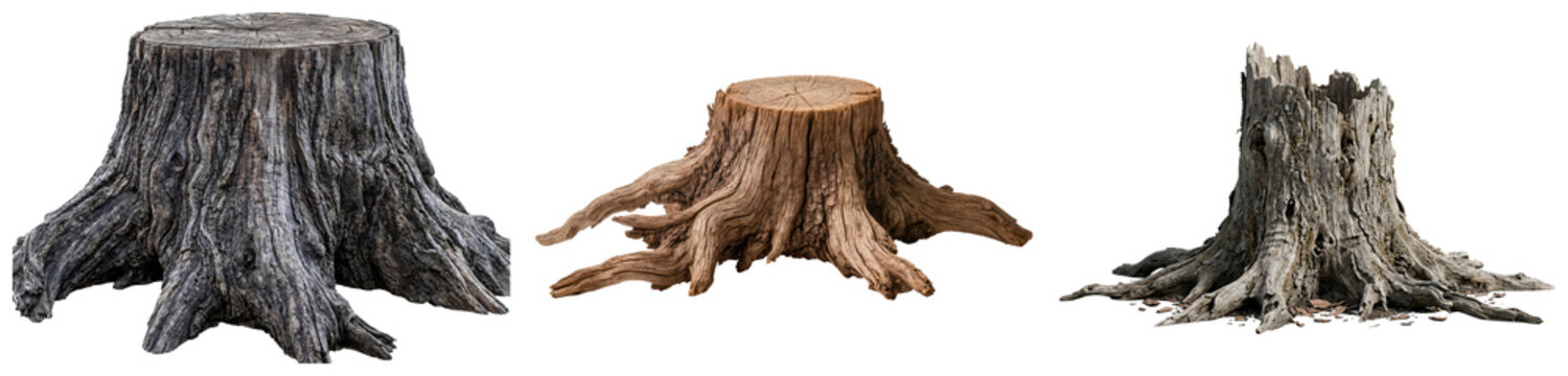 Three different tree stumps isolated on a white background