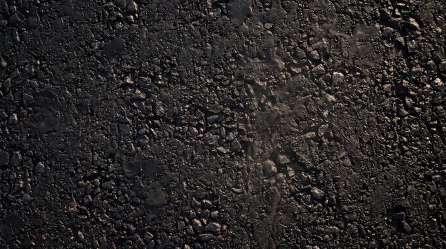 Close-up view of a dark asphalt road surface, featuring a rough texture of crushed stones, gravel, and bitumen binder with natural light casting subtle shadows across the uneven ground