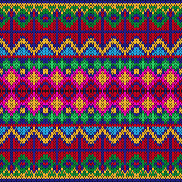 Colorful knitted seamless pattern, fair isle ornamental sweater vector texture, ethnic geometric ornament for winter fabric design