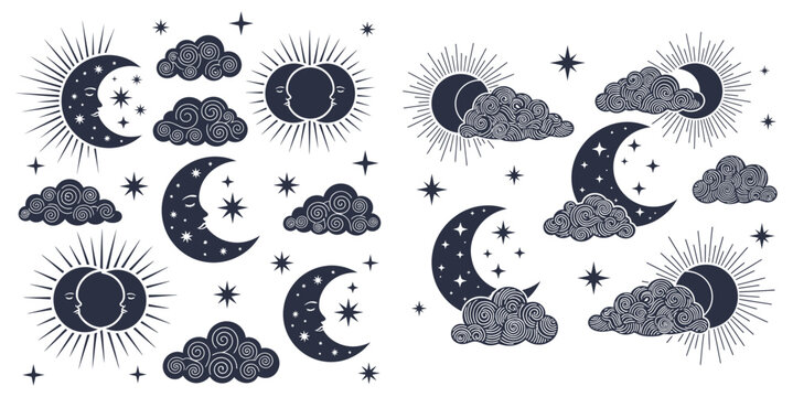 Celestial collection of moon and star vector illustrations with swirling cloud patterns for mystical designs