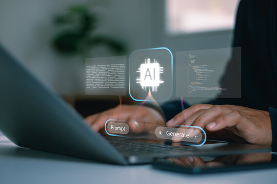 AI technology concept showing a person using a laptop with AI, coding, prompts, and generative tools, highlighting digital innovation, automation, software development and business solutions.