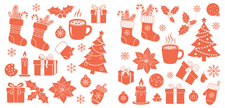 Christmas holiday icons set with festive elements like stockings gifts and cocoa for seasonal winter designs