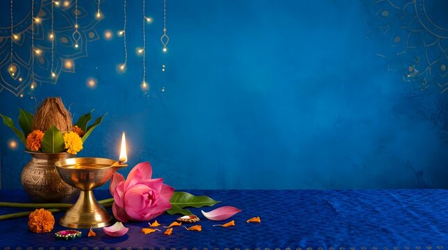 Traditional brass diya lamp with lotus flower and kalash on a blue background for diwali festival