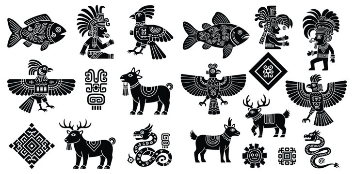 Collection of ancient aztec style animal symbols and tribal pattern icons for historic cultural projects