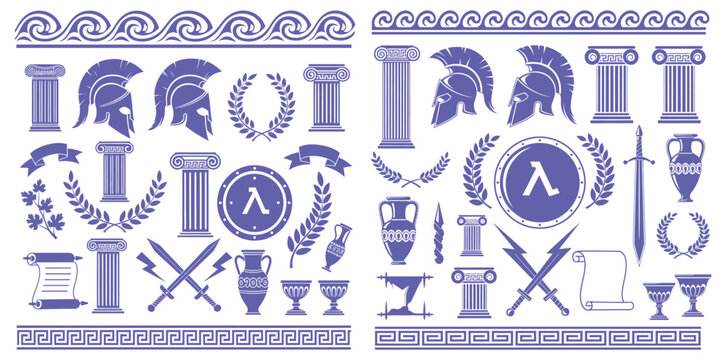 Collection of ancient greek icons featuring helmets columns and pottery for historical design themes
