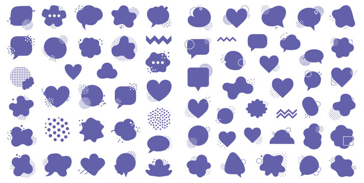 Collection of assorted purple speech bubbles and heart shapes with abstract patterns for social media