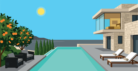 Fototapeta premium Luxury modern villa vector illustration with infinity swimming pool, ocean view, sunbeds, and orange trees garden landscape