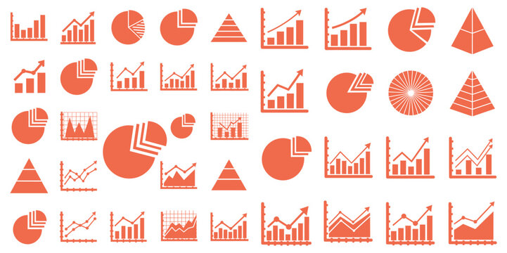 Collection of business data charts and financial growth diagrams showing analytical progress in simple icon style