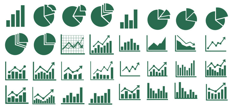 Collection of business graph icons and chart symbols for data analysis and financial reporting projects