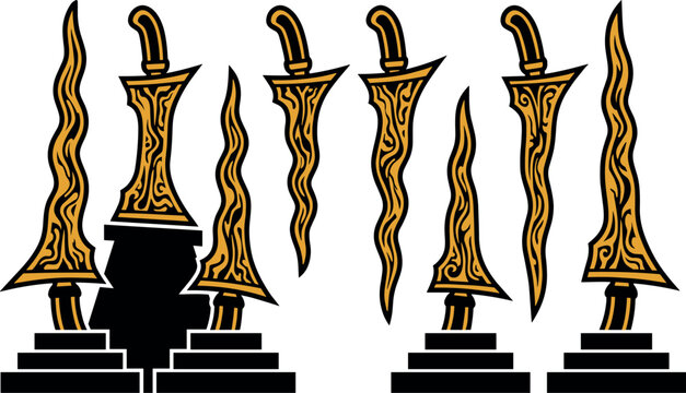Traditional Indonesian keris wavy dagger vector icon set featuring cultural golden blade weapons with intricate patterns for heritage designs