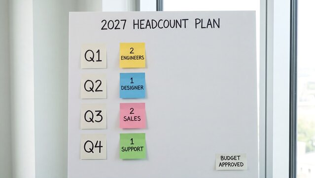 Headcount Plan Whiteboard. Quarterly Hiring Sticky Note Board With Engineer Designer And Sales Role. Human Resources Workforce Planning Concept
