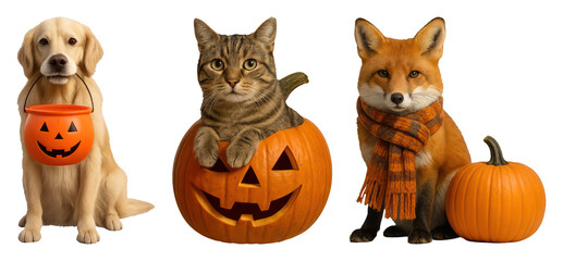 Fototapeta premium PNG Cute animals with pumpkins celebrating Halloween, transparent background