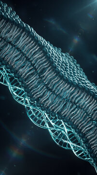 Cell membrane structure with lipid bilayer and DNA strand, microscopic texture waves, scientific molecular biology concept