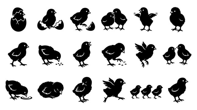 Collection of charming chick silhouette illustrations, depicting various poses and activities of young birds in a playful, graphic style